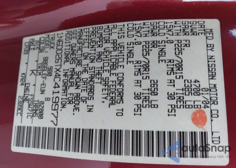 2004 Nissan Frontier Xe z USA, uszkodzony, nr VIN 1N6DD26TX4C419977